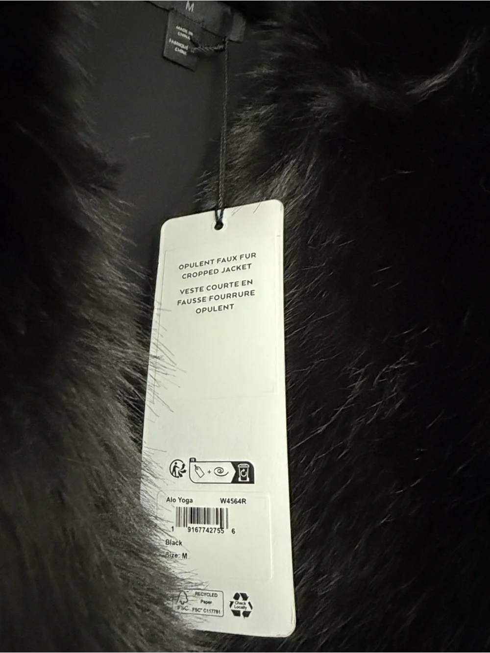 ALO Yoga Opulent Black Faux Fur Cropped Jacket medium